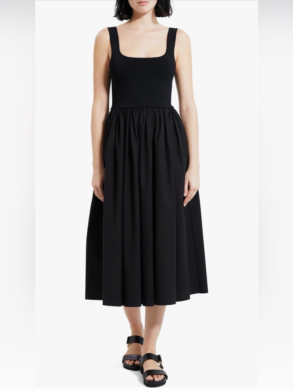 Theory Black Sleeveless Square Neck Midi Dress XL Stretch Knit Poplin A-Line